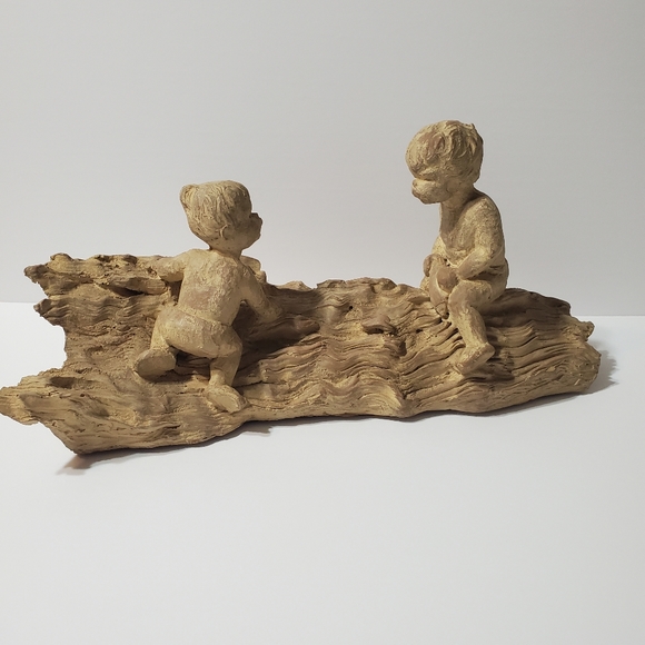 Vintage Haeger Pottery M. Strubel Resin Sculpture 2 Children On A Fallen Tree - Picture 1 of 16